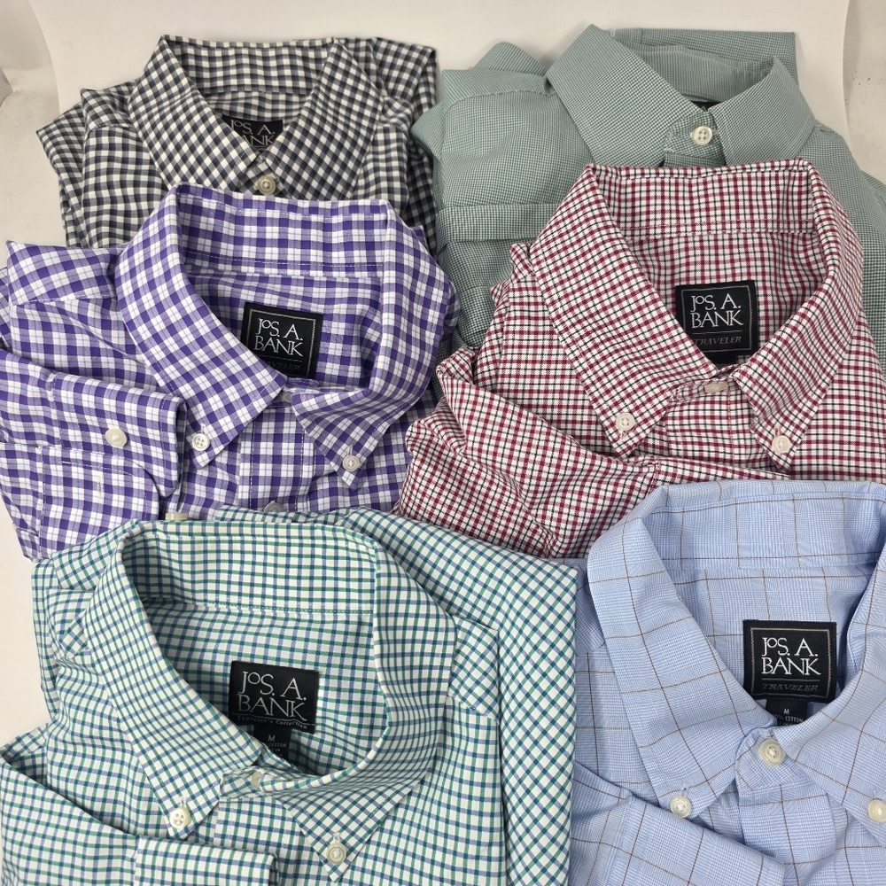 Jos A Bank Traveler Shirt Mens M Lot Of 6 Check Plaid Dress Cotton